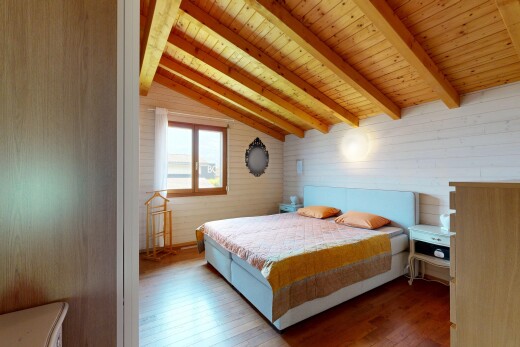 room / bedroom featuring dark wood-style floors, a wooden ceiling with exposed beams, and wooden walls