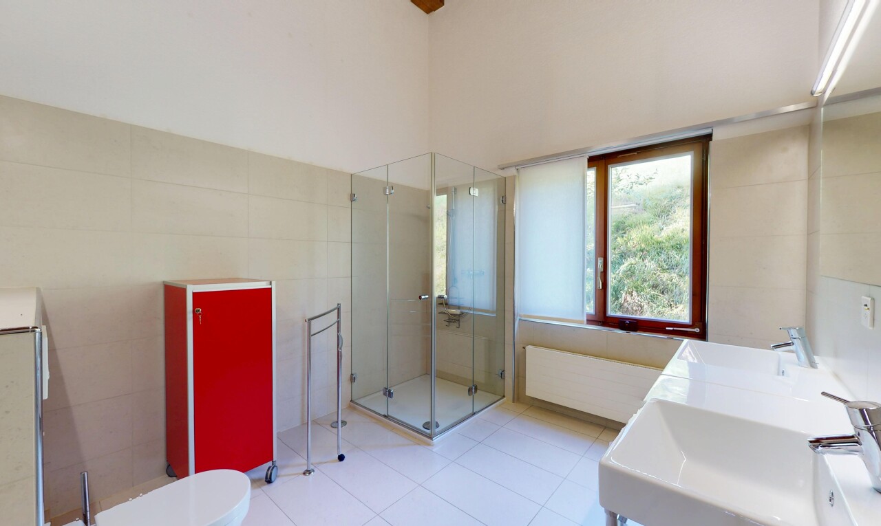 salle de bains avec tile wall, mur en carrelage, douche, inside property, et évier