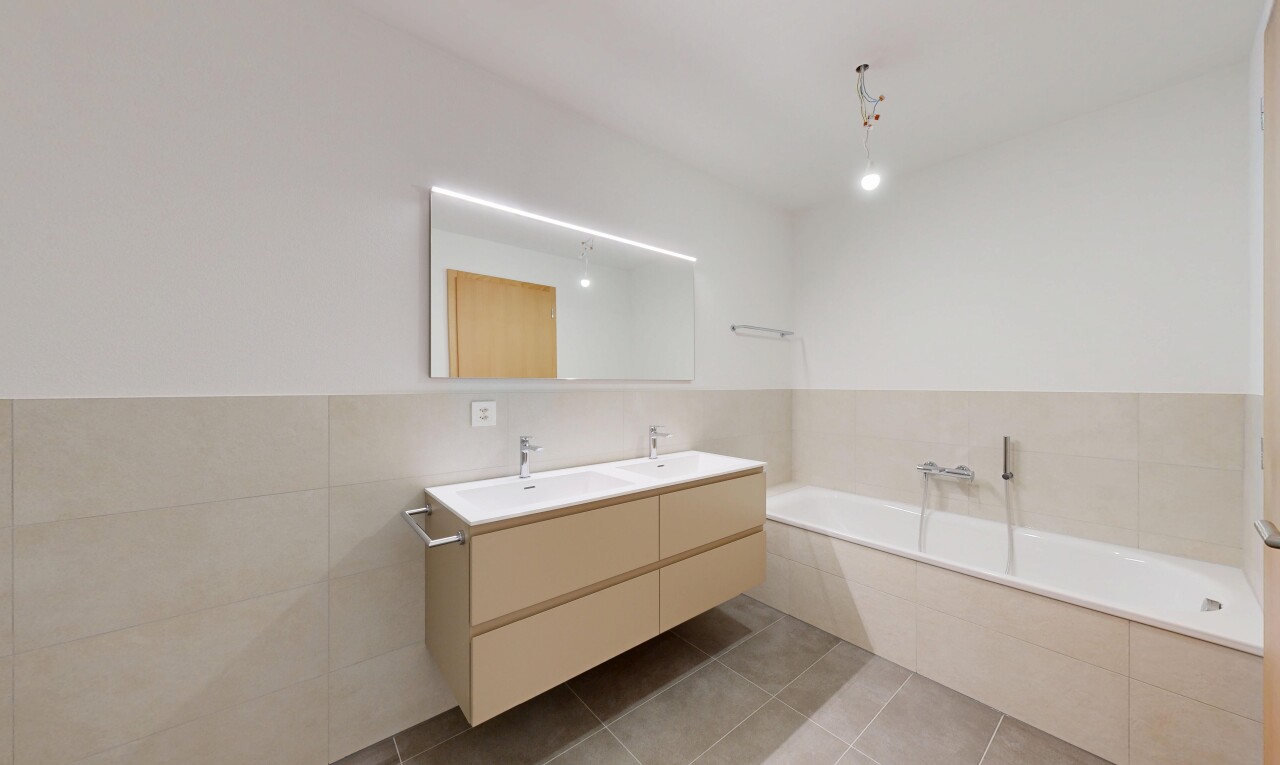 bad mit doppelwaschtisch, komplettes badezimmer, fliesenwand, tile wall, und bad