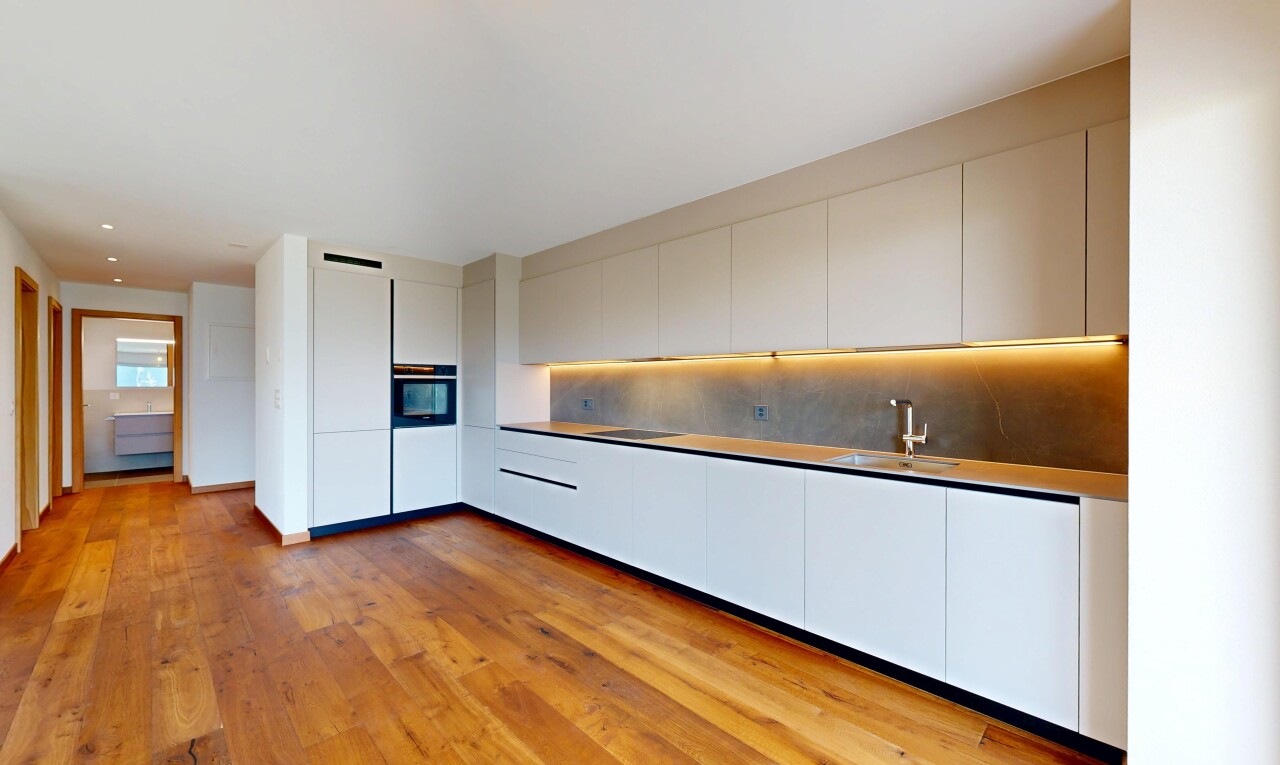 küche mit flat panel cabinets, schränke mit flachen paneelen, holzfußboden, wood finish floor, und inside property