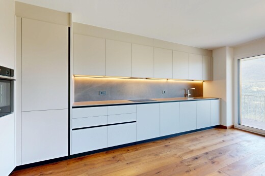 küche mit flat panel cabinets, schränke mit flachen paneelen, holzfußboden, wood finish floor, und inside property