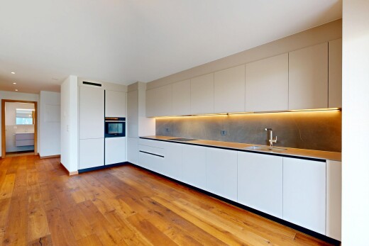 küche mit flat panel cabinets, schränke mit flachen paneelen, holzfußboden, wood finish floor, und inside property
