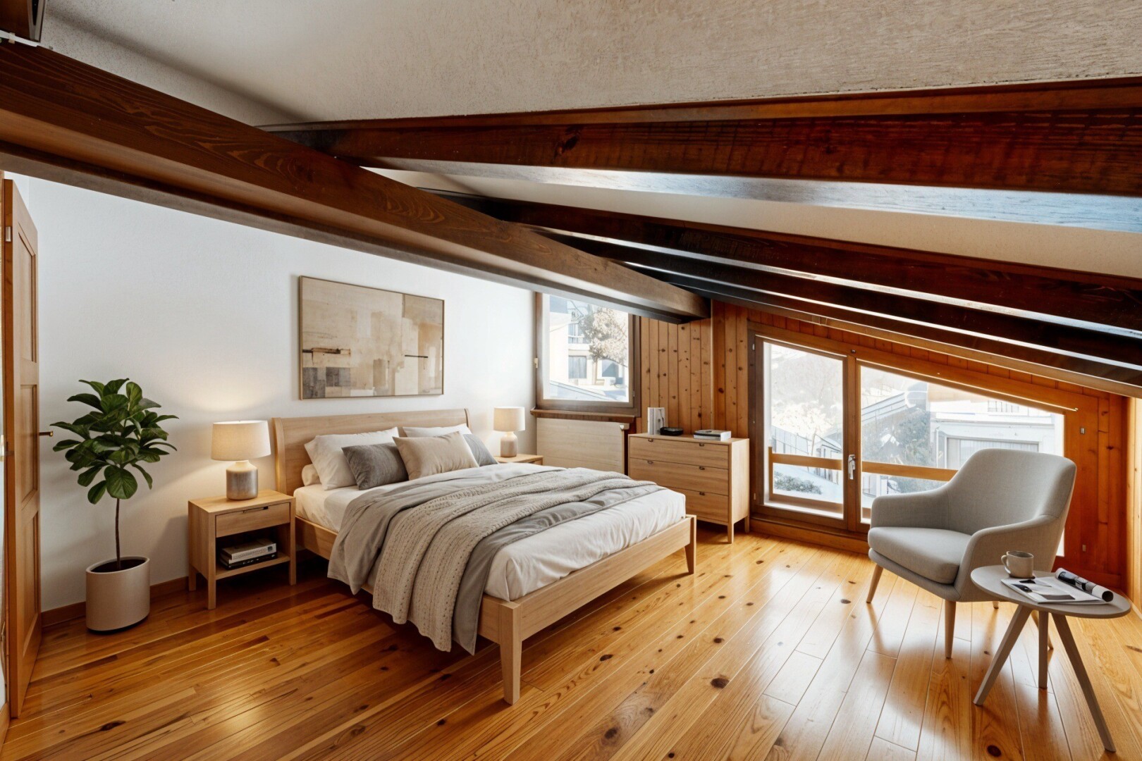 leerer raum mit inside property, balkendecke, beamed ceiling, natürliches licht, und natural light