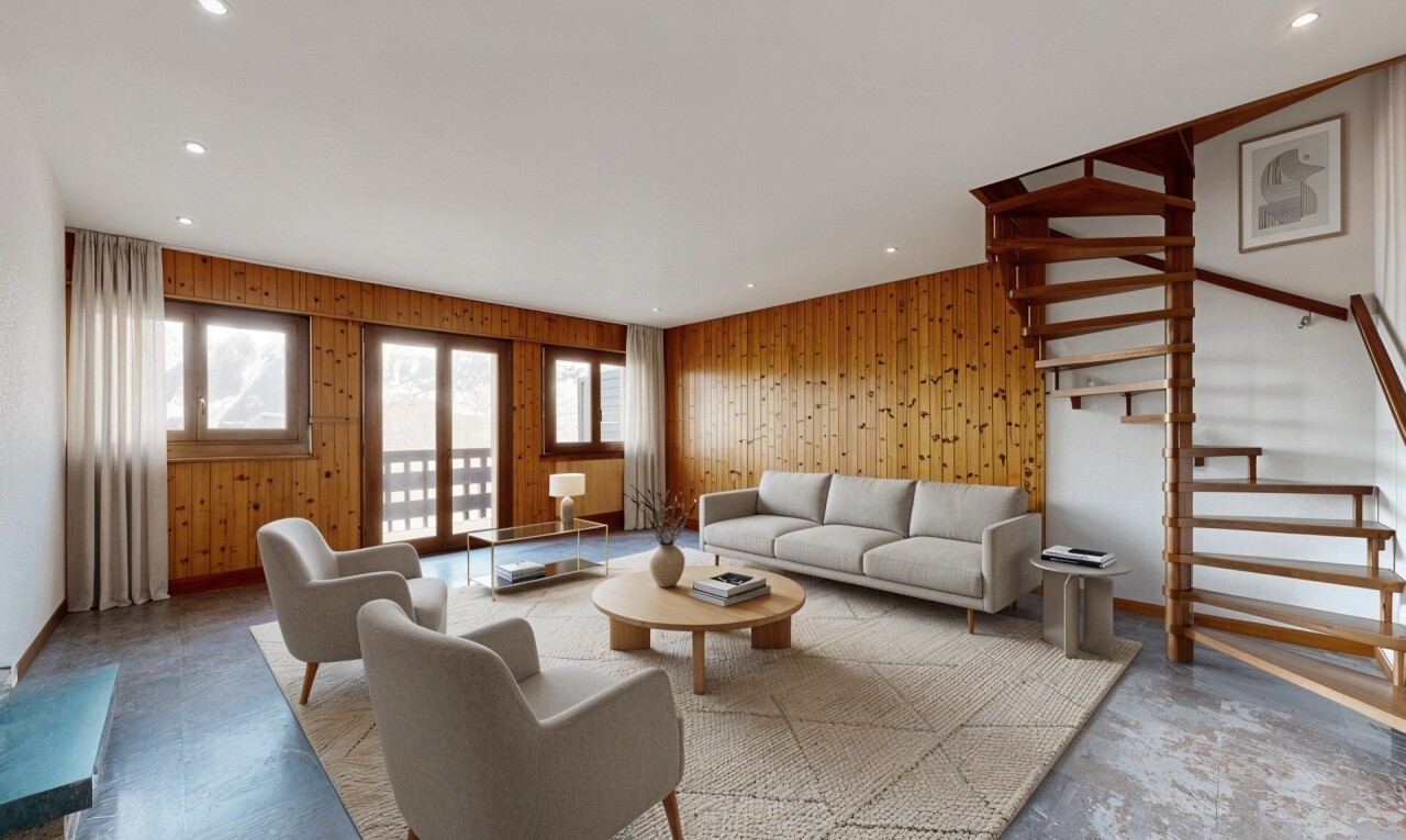 leerer raum mit treppen, inside property, holzwand, wood wall, und natürliches licht