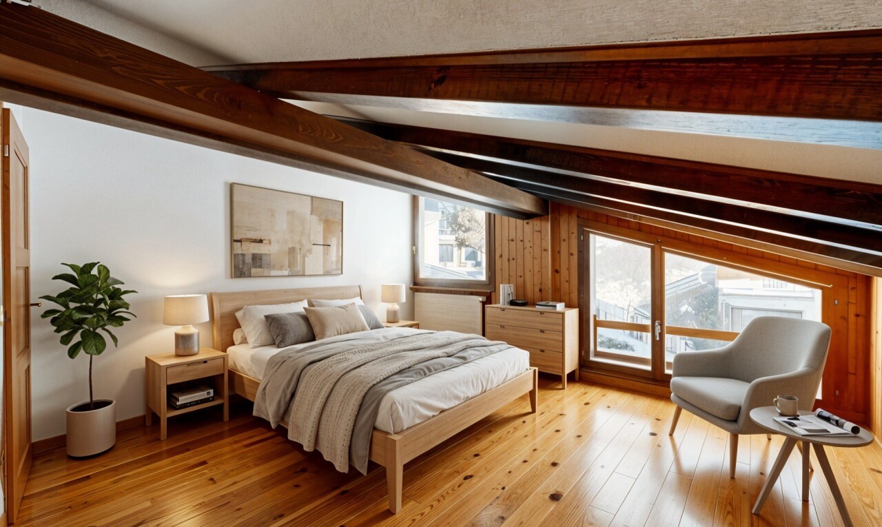 leerer raum mit inside property, balkendecke, beamed ceiling, natürliches licht, und natural light