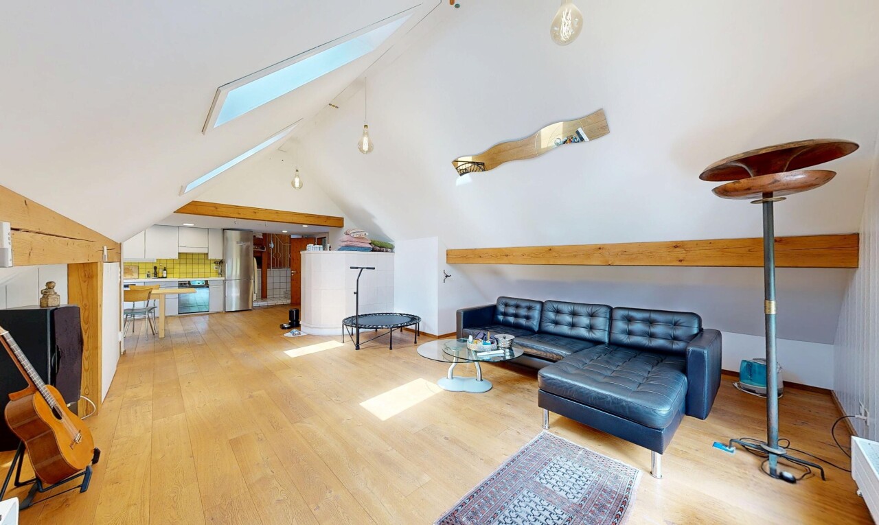 wohnzimmer mit dachfenster, wood finish floor, holzfußboden, inside property, und vaulted ceiling