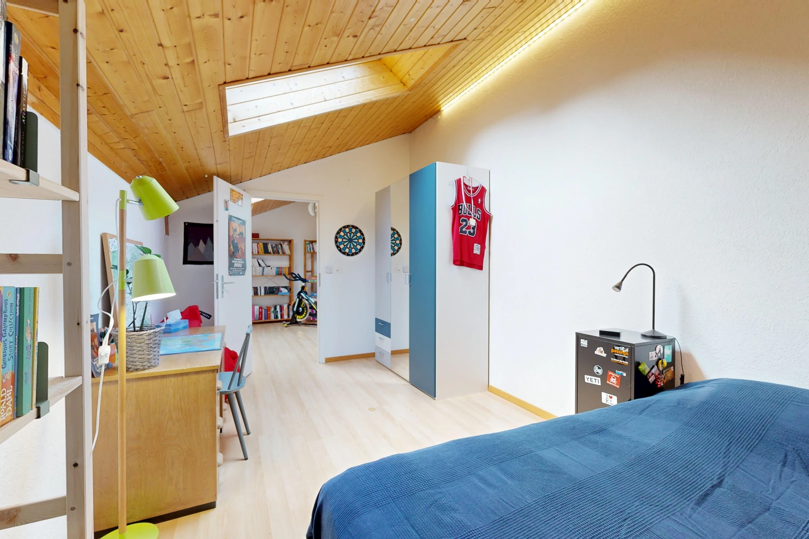 room / bedroom with a vaulted wooden ceiling, a desk, and light wood-style floors