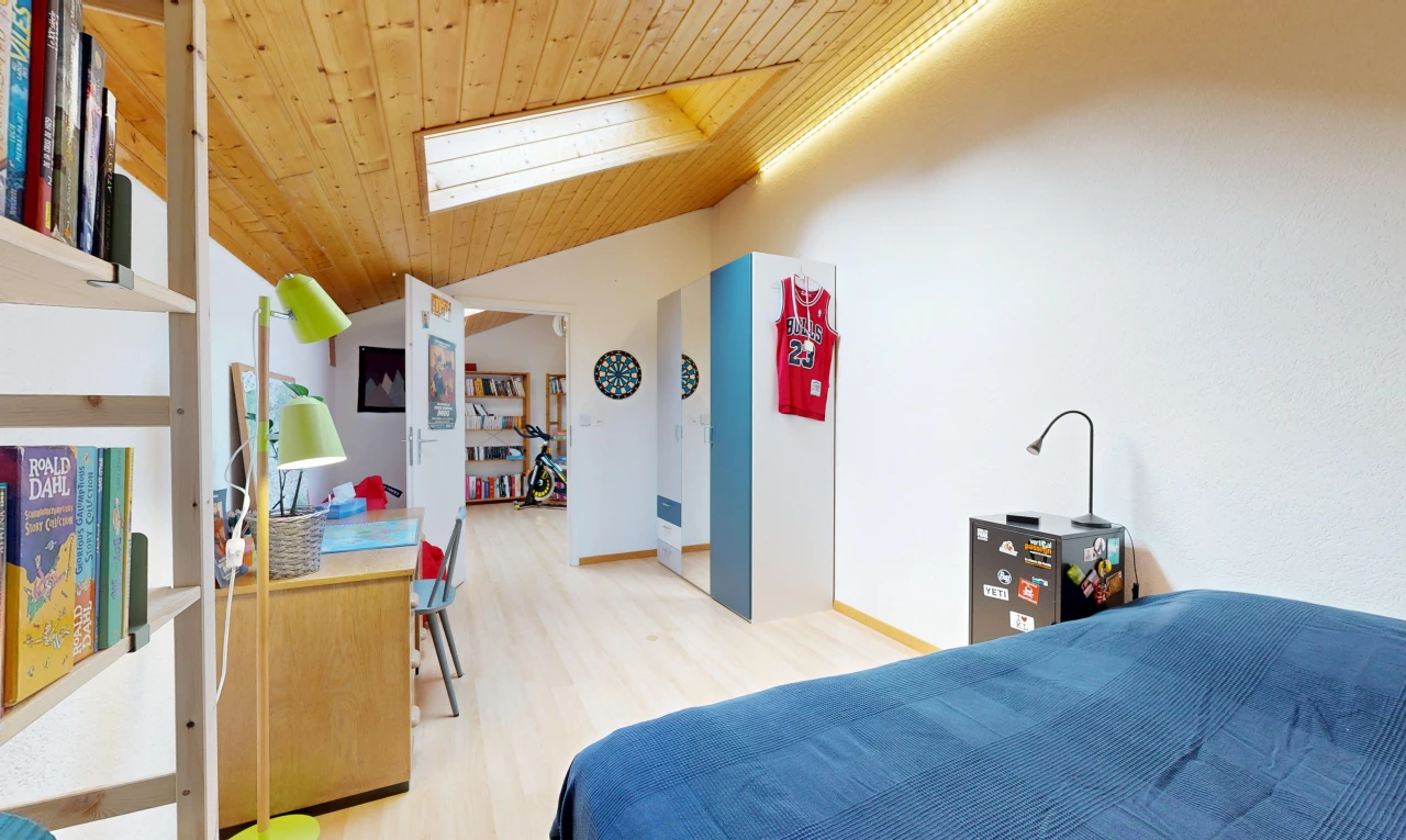 room / bedroom with a vaulted wooden ceiling, a desk, and light wood-style floors