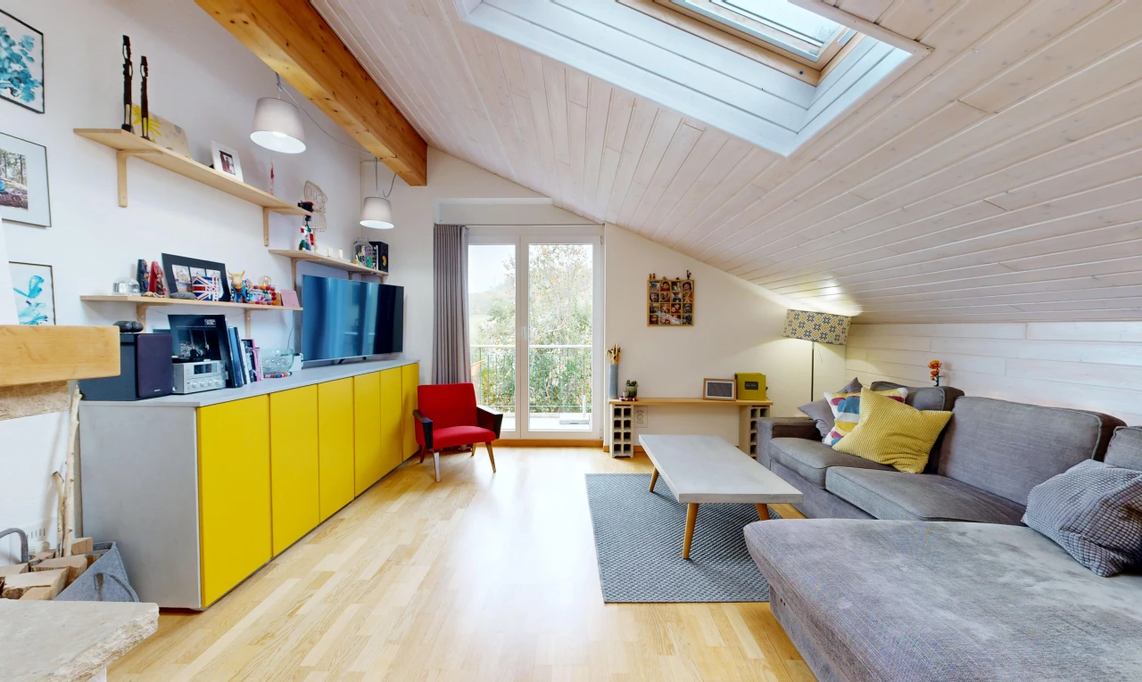 living room featuring lofted ceiling with skylight, access to outside, pendant lighting, wood ceiling, and light wood-style flooring
