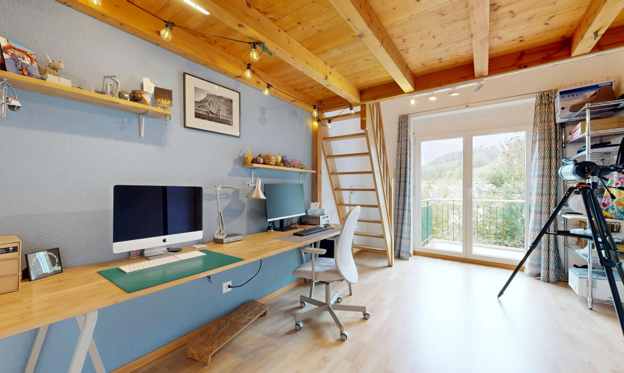 office with access to outside, a wooden ceiling with exposed beams, and light wood finished floors