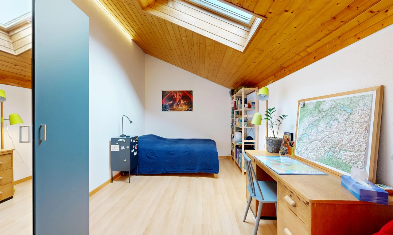 room / bedroom with wood ceiling, lofted ceiling with skylight, an office area, and light wood-type flooring