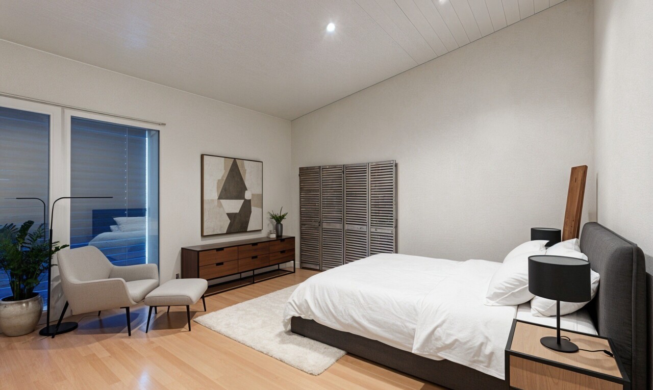 zimmer / schlafzimmer mit wood finish floor, holzfußboden, drywall, gipskartonwand, und virtually staged