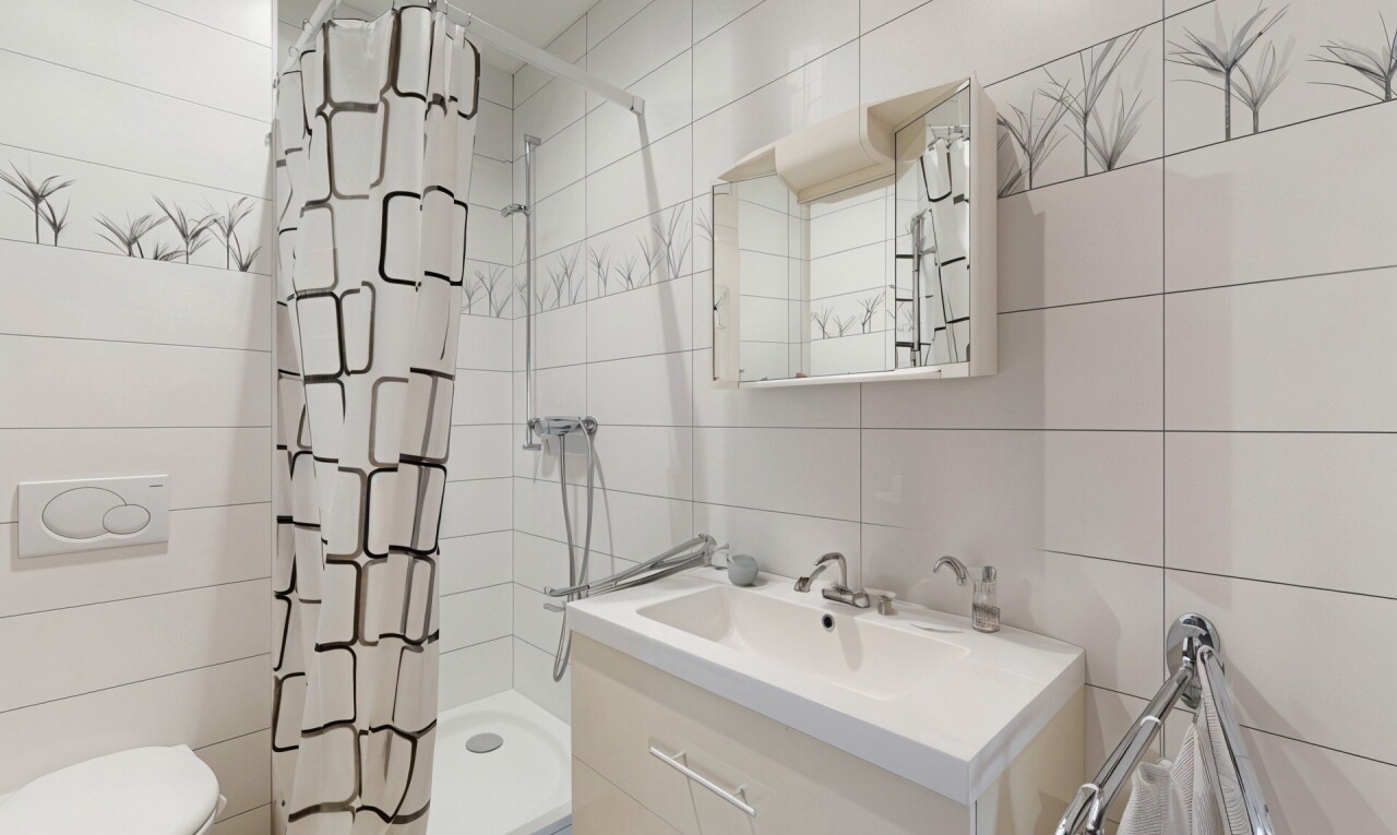 bad mit schminktisch, komplettes badezimmer, fliesenwand, tile wall, und inside property