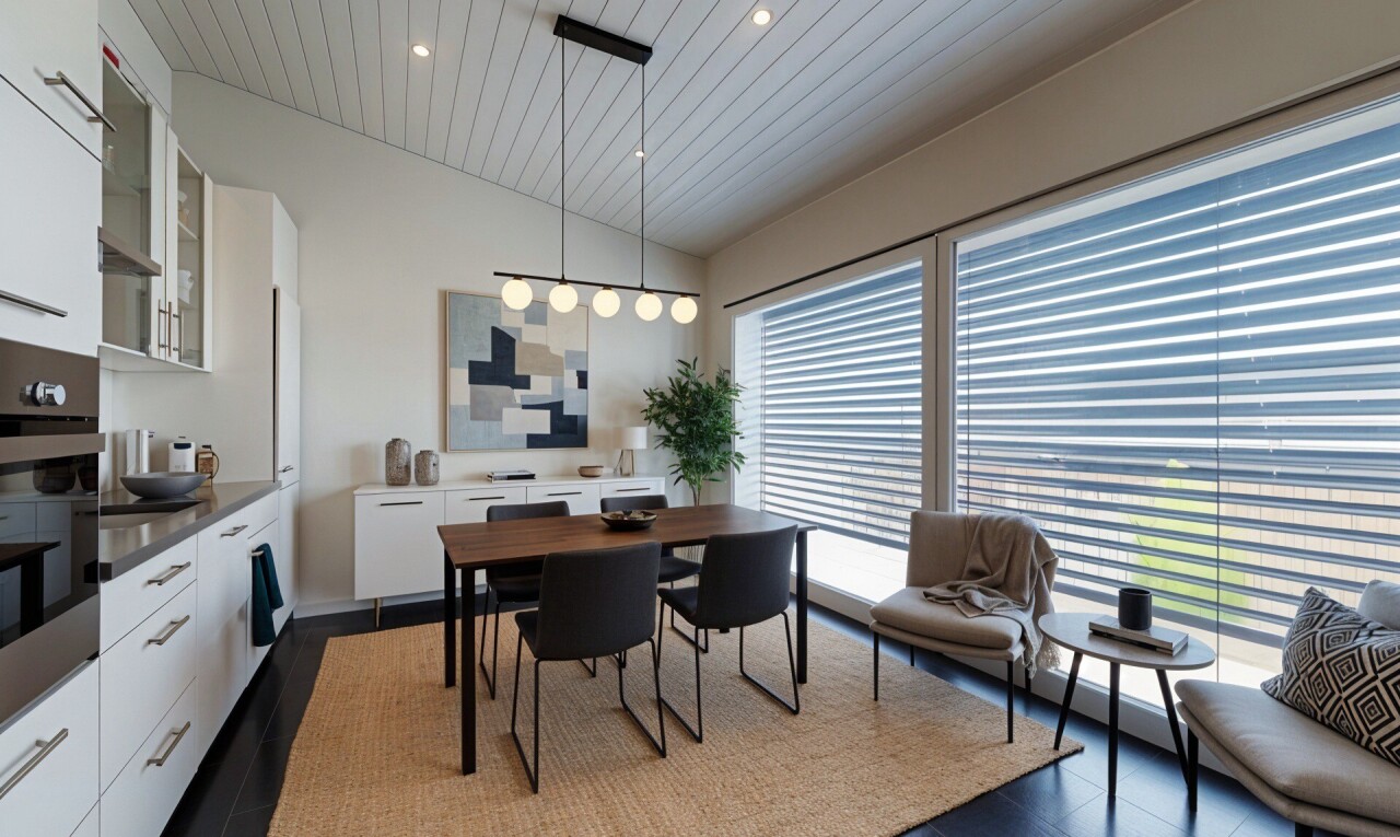 wohn- / esszimmer mit recessed lighting, einbauleuchten, natural light, natürliches licht, und drywall