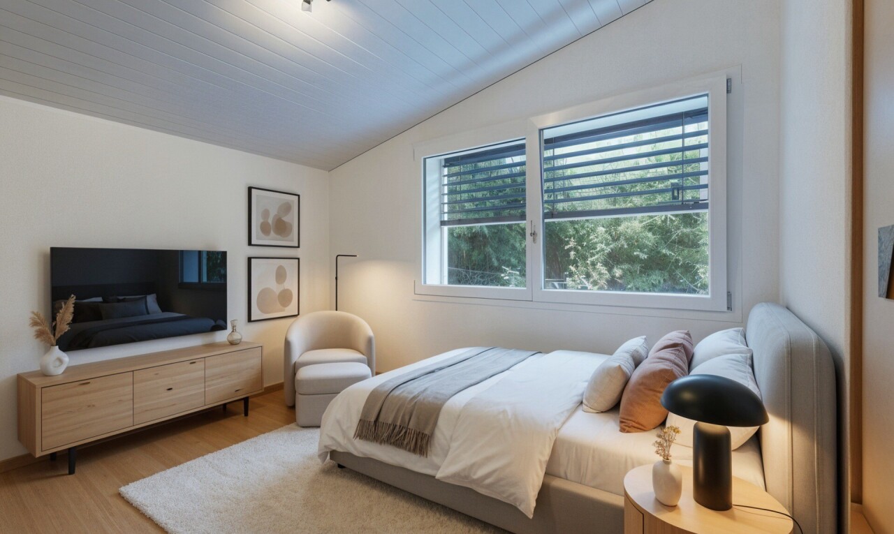 zimmer / schlafzimmer mit dachschräge, vaulted ceiling, fernseher, holzfußboden, und wood finish floor
