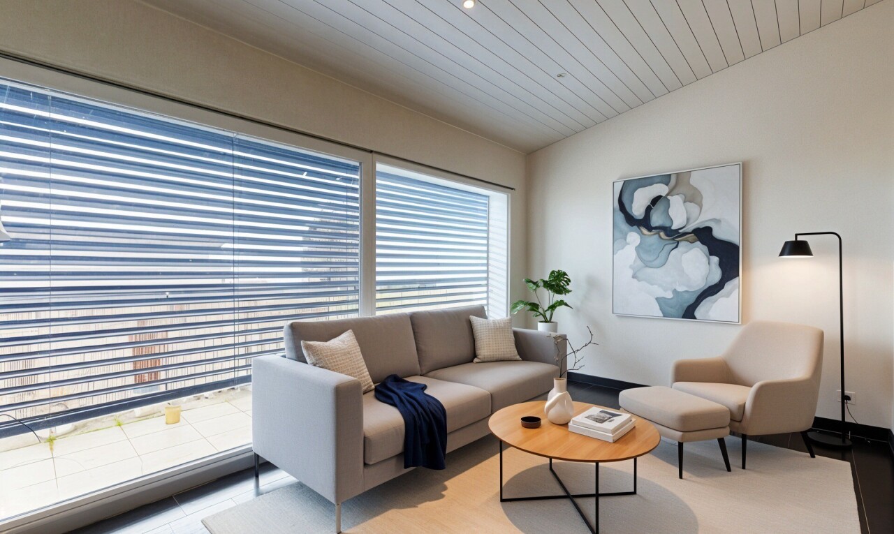 wohnzimmer mit natural light, natürliches licht, inside community, virtually staged, und wood ceiling