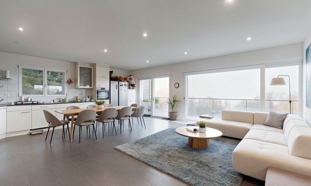 wohn- / esszimmer mit inside property, recessed lighting, einbauleuchten, natural light, und natürliches licht