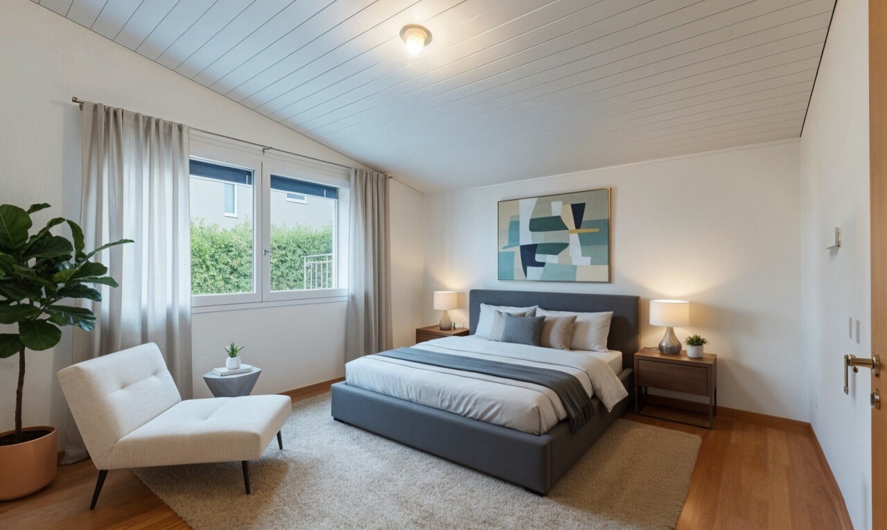 zimmer / schlafzimmer mit holzfußboden, wood finish floor, dachschräge, vaulted ceiling, und natürliches licht