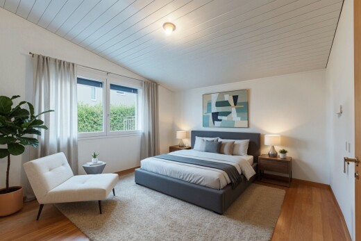 zimmer / schlafzimmer mit holzfußboden, wood finish floor, dachschräge, vaulted ceiling, und natürliches licht