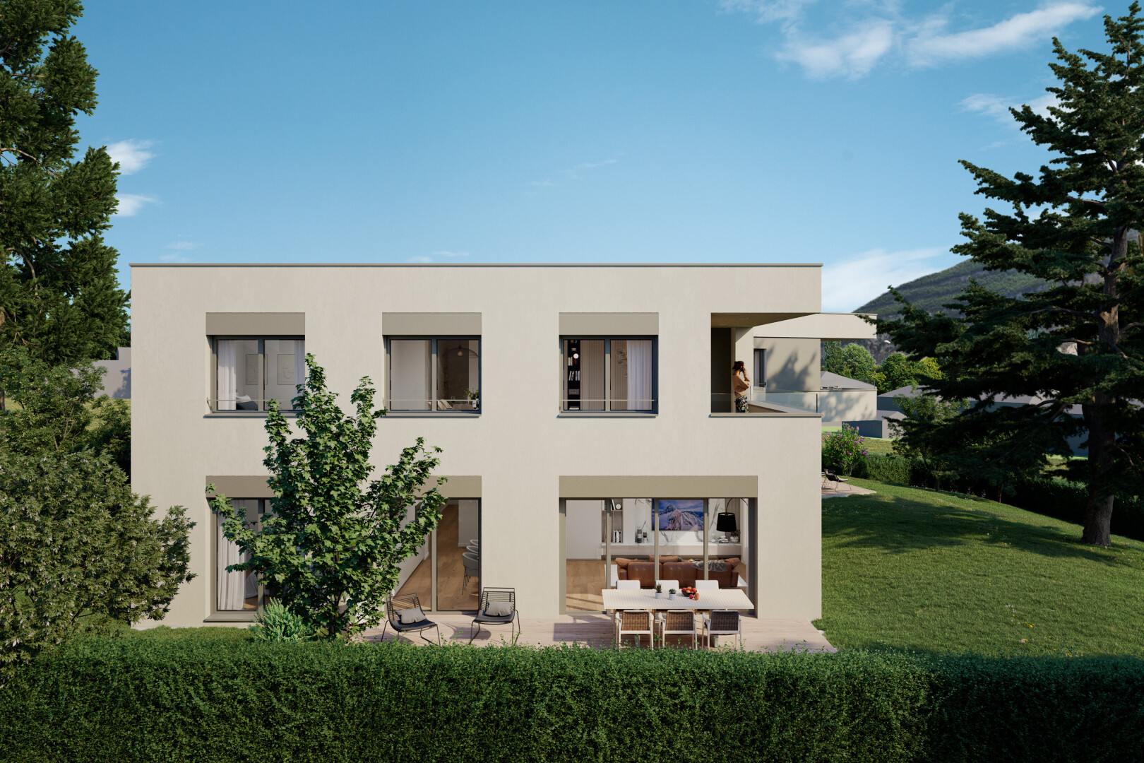 façade avec day time, rendered, bardage en stuc, pelouse, et terrasse