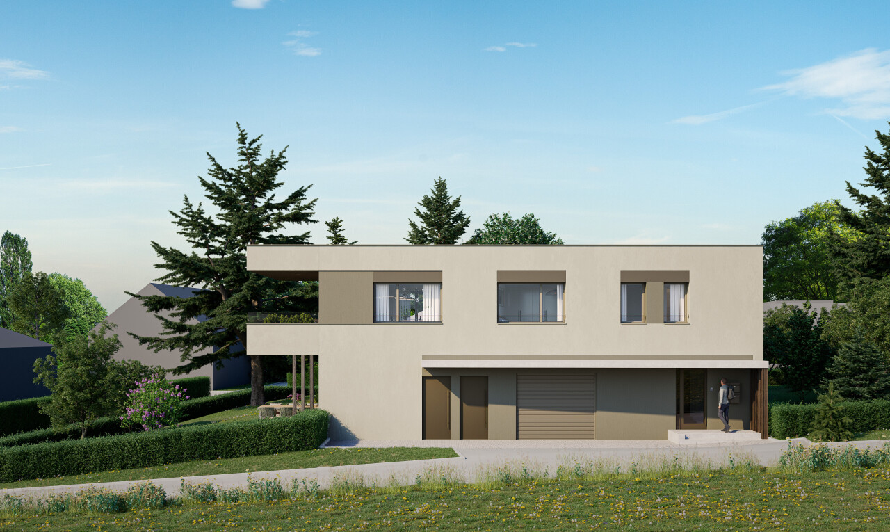 façade avec bardage en stuc, rendered, et day time