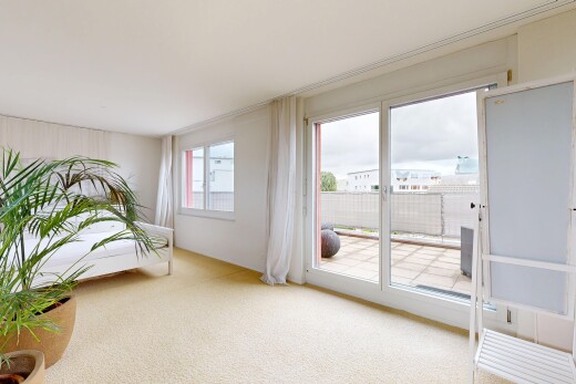 zimmer / schlafzimmer mit carpet, teppich, inside property, overcast, und außenzugang