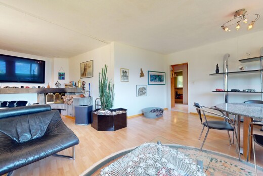 wohn- / esszimmer mit fernseher, gipskartonwand, drywall, holzfußboden, und wood finish floor