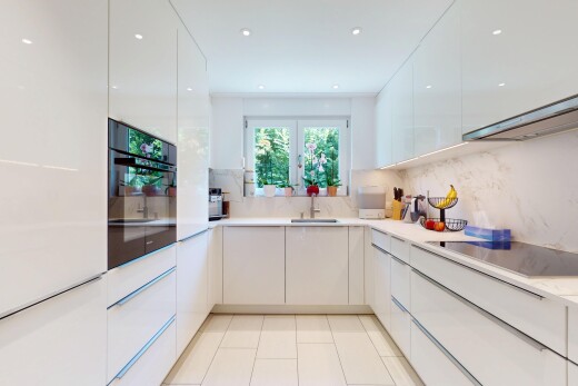 küche mit herd, schränke mit flachen paneelen, weiße schränke, waschbecken, und inside property