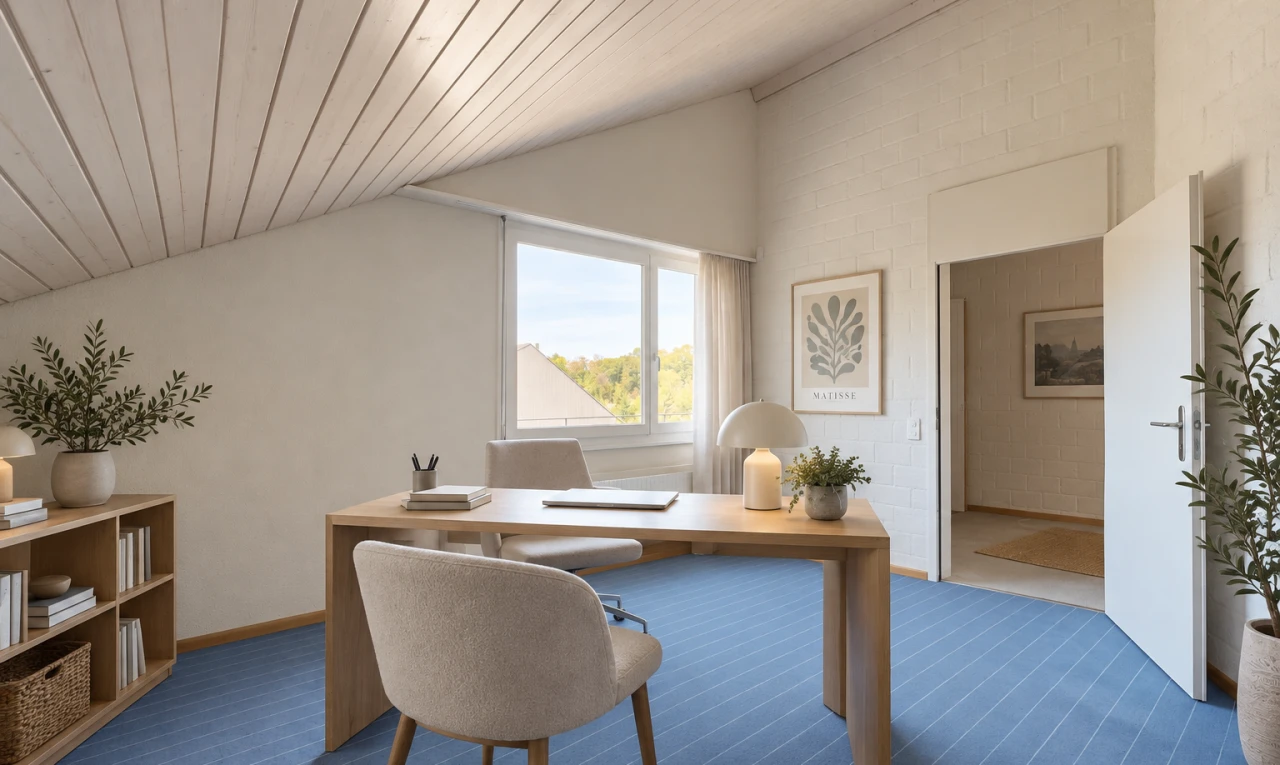 bureau avec plafond voûté, vaulted ceiling, plafond en bois, wood ceiling, et inside property