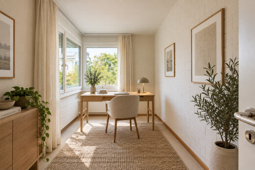 esszimmer mit virtually staged, inside property, baseboards wall, sockelleisten, und light floor