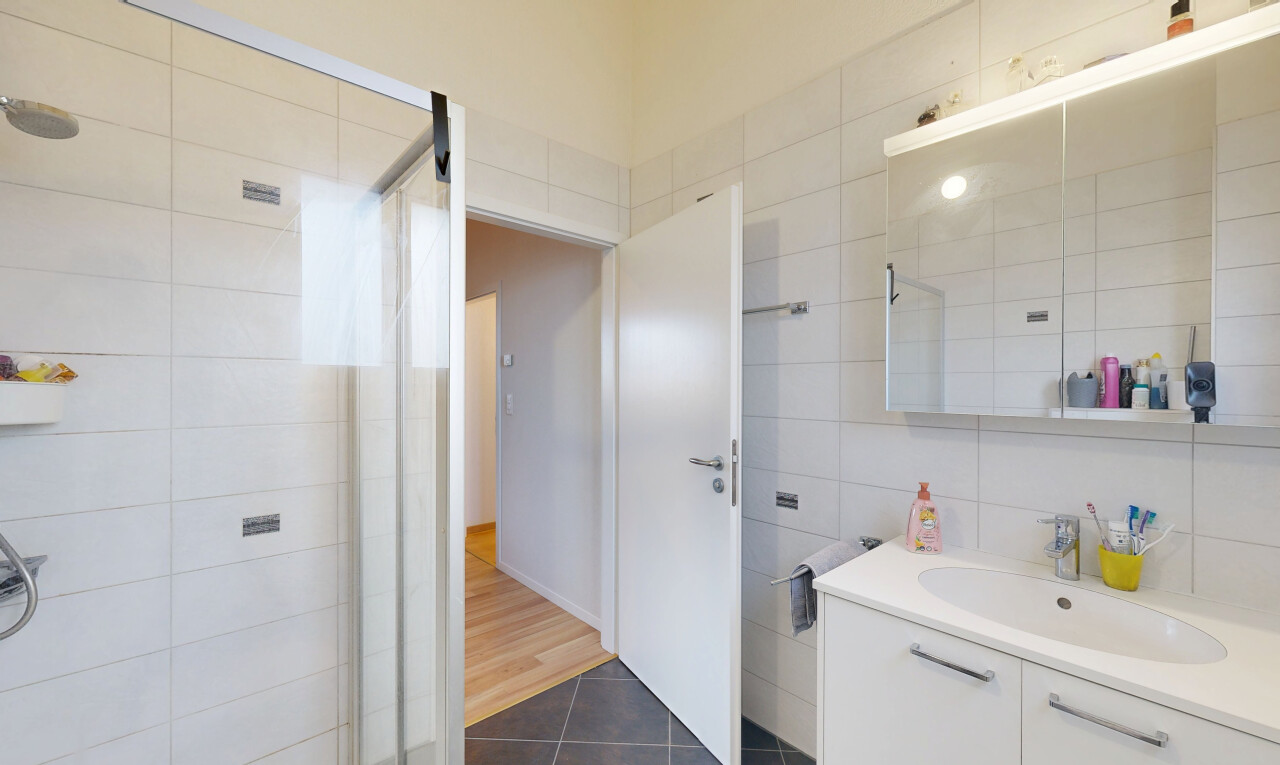 salle de bains avec douche, évier, miroir, salle de bain complète, et tile wall