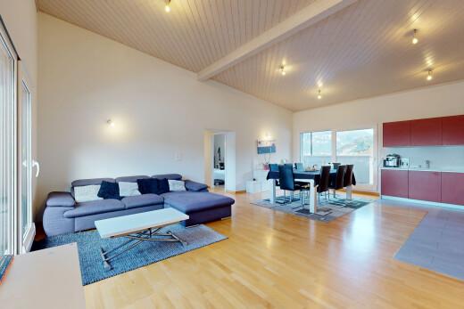 salon / salle à manger avec high end ceiling, vaulted ceiling, plafond voûté, high ceiling, et plafond haut