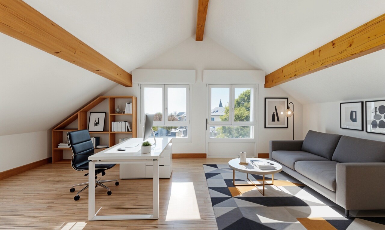 home office with light wood-style floors