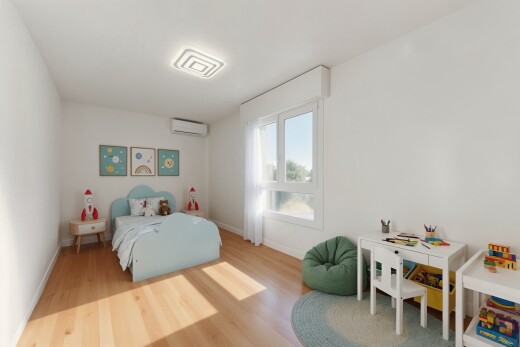 chambre avec lumière naturelle, natural light, sol en finition bois, wood finish floor, et cloison sèche