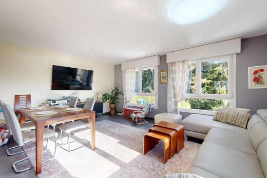 salon / salle à manger avec télévision, natural light, lumière naturelle, inside property, et drywall