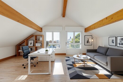 bureau avec pièce supplémentaire, vaulted ceiling, plafond voûté, wood finish floor, et sol en finition bois
