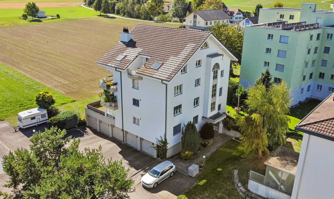 außenansicht mit ziegeldach, schornstein, und stuckverkleidung