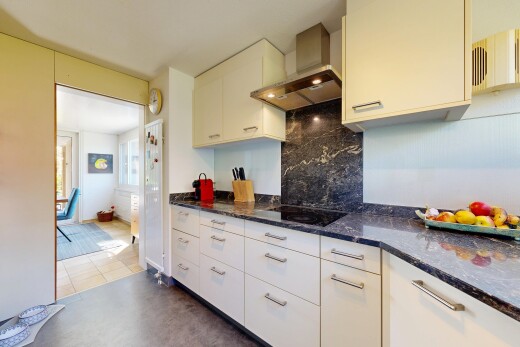 küche mit dark countertops, dunstabzugshaube, stone countertops, stein arbeitsplatten, und natürliches licht