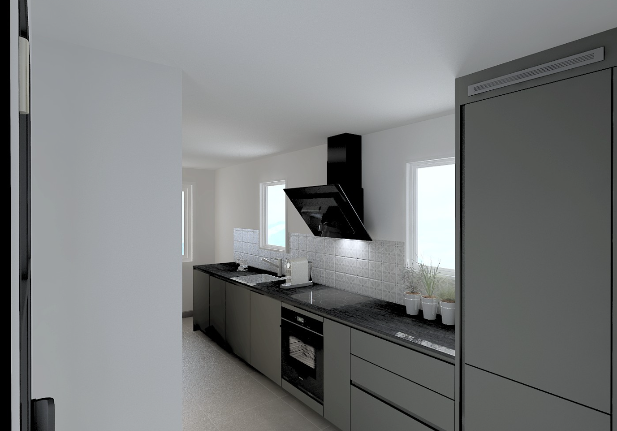 cuisine avec dark countertops, hotte, light floor, four, et inside property