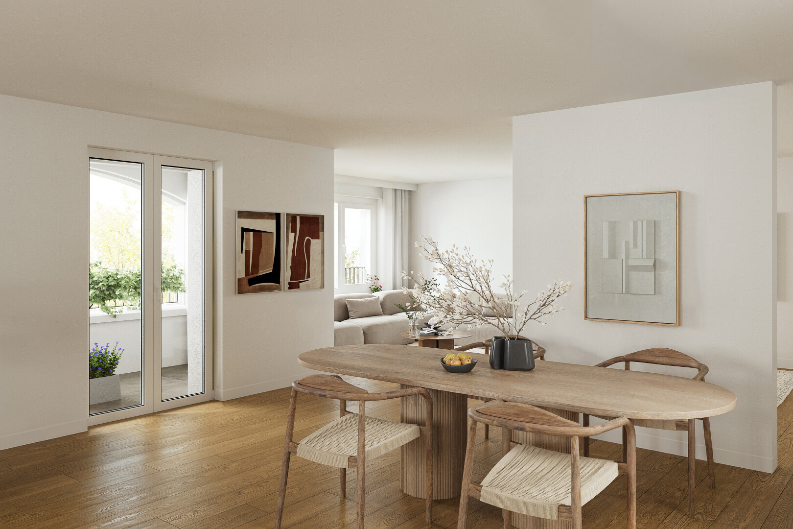 salle à manger avec rendered, wood finish floor, sol en finition bois, drywall, et cloison sèche