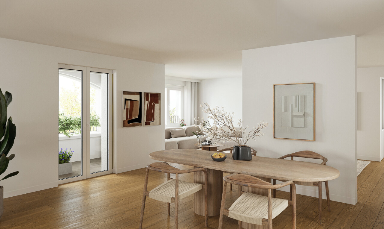salle à manger avec rendered, wood finish floor, sol en finition bois, drywall, et cloison sèche