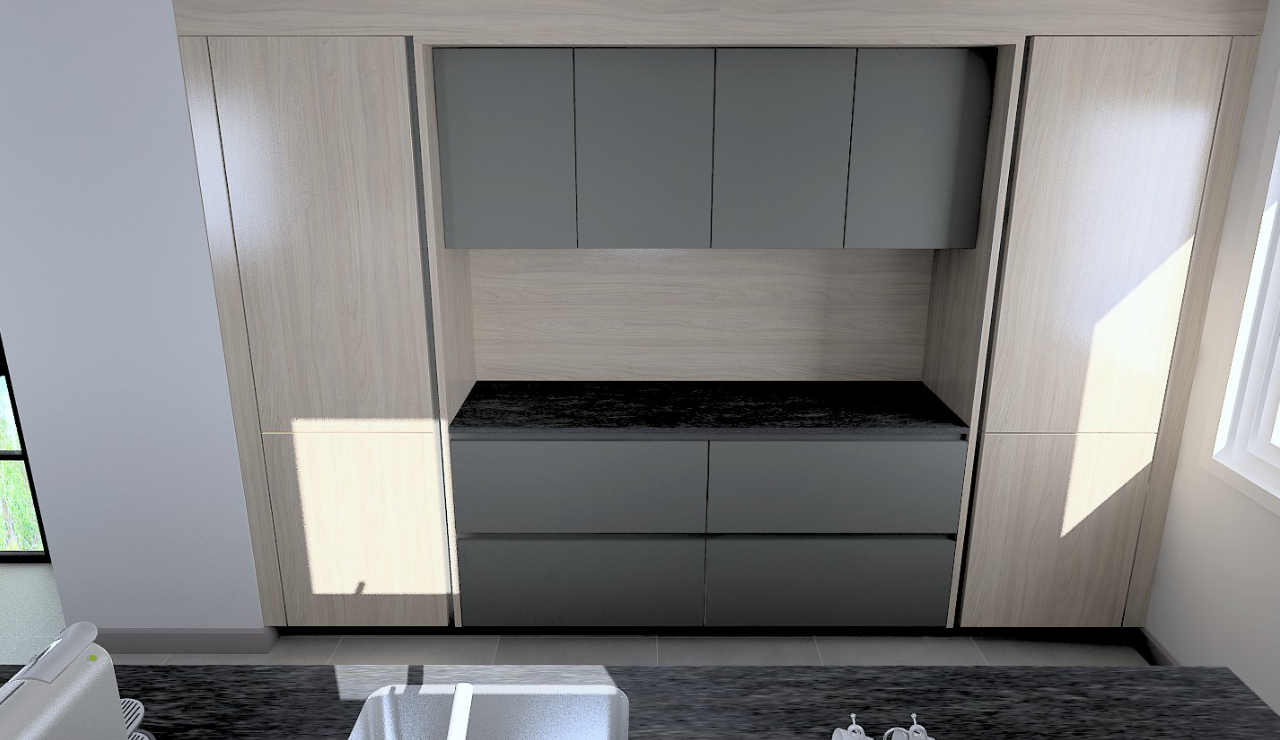cuisine avec dark countertops, gray cabinets, armoires grises, flat panel cabinets, et armoires à panneau plat