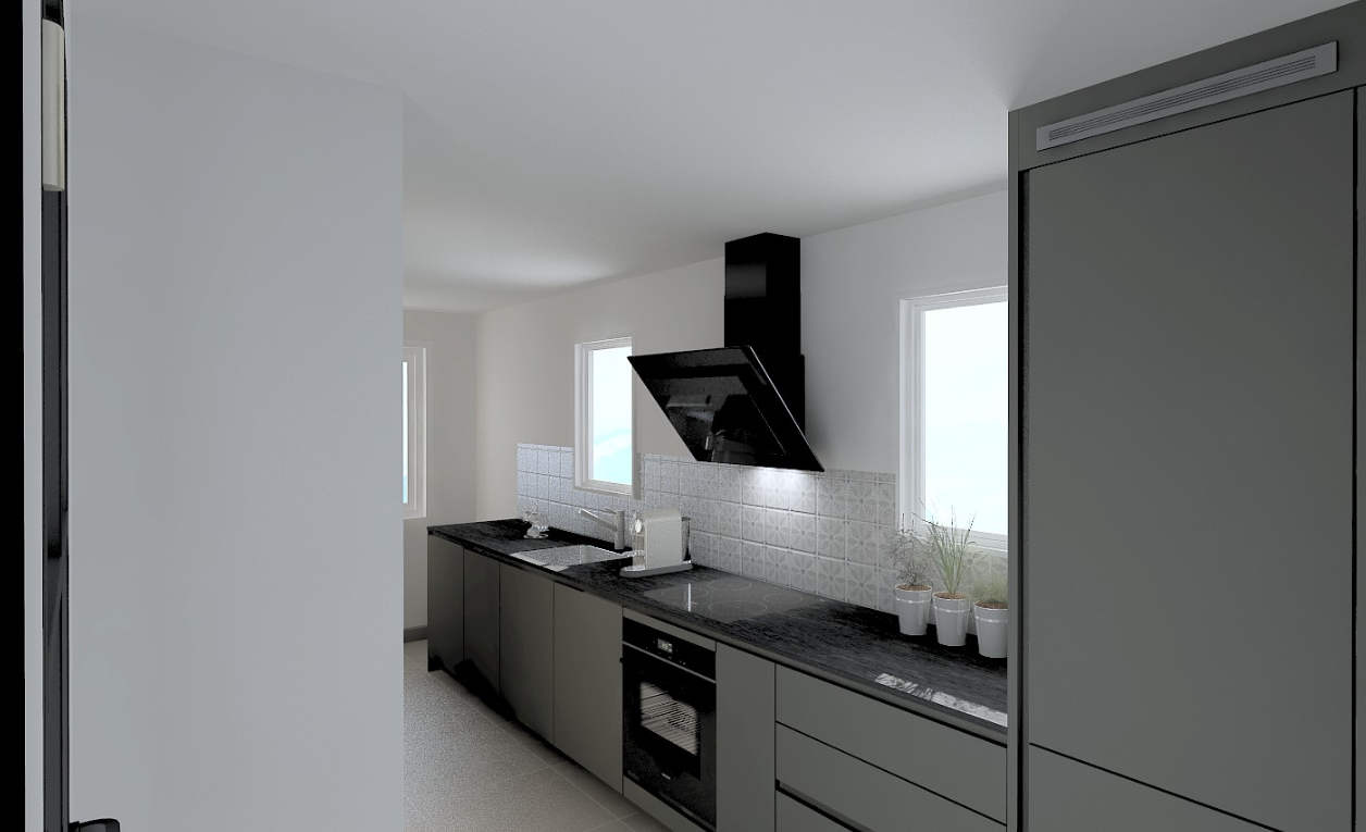 cuisine avec dark countertops, hotte, light floor, four, et inside property
