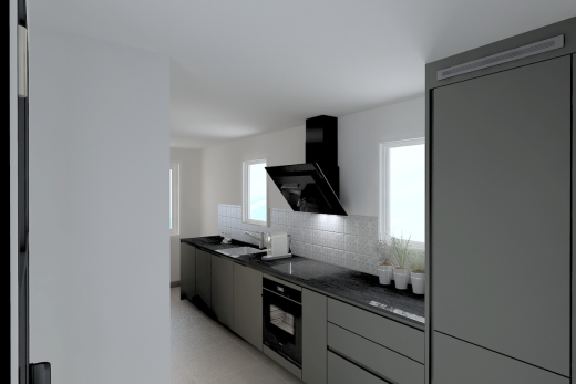 cuisine avec dark countertops, hotte, light floor, four, et inside property