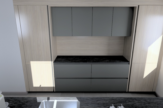 cuisine avec dark countertops, gray cabinets, armoires grises, flat panel cabinets, et armoires à panneau plat