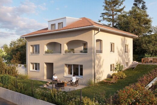 façade avec terrasse, pelouse, rendered, property visible, et day time