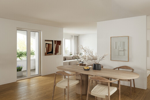 salle à manger avec rendered, wood finish floor, sol en finition bois, drywall, et cloison sèche