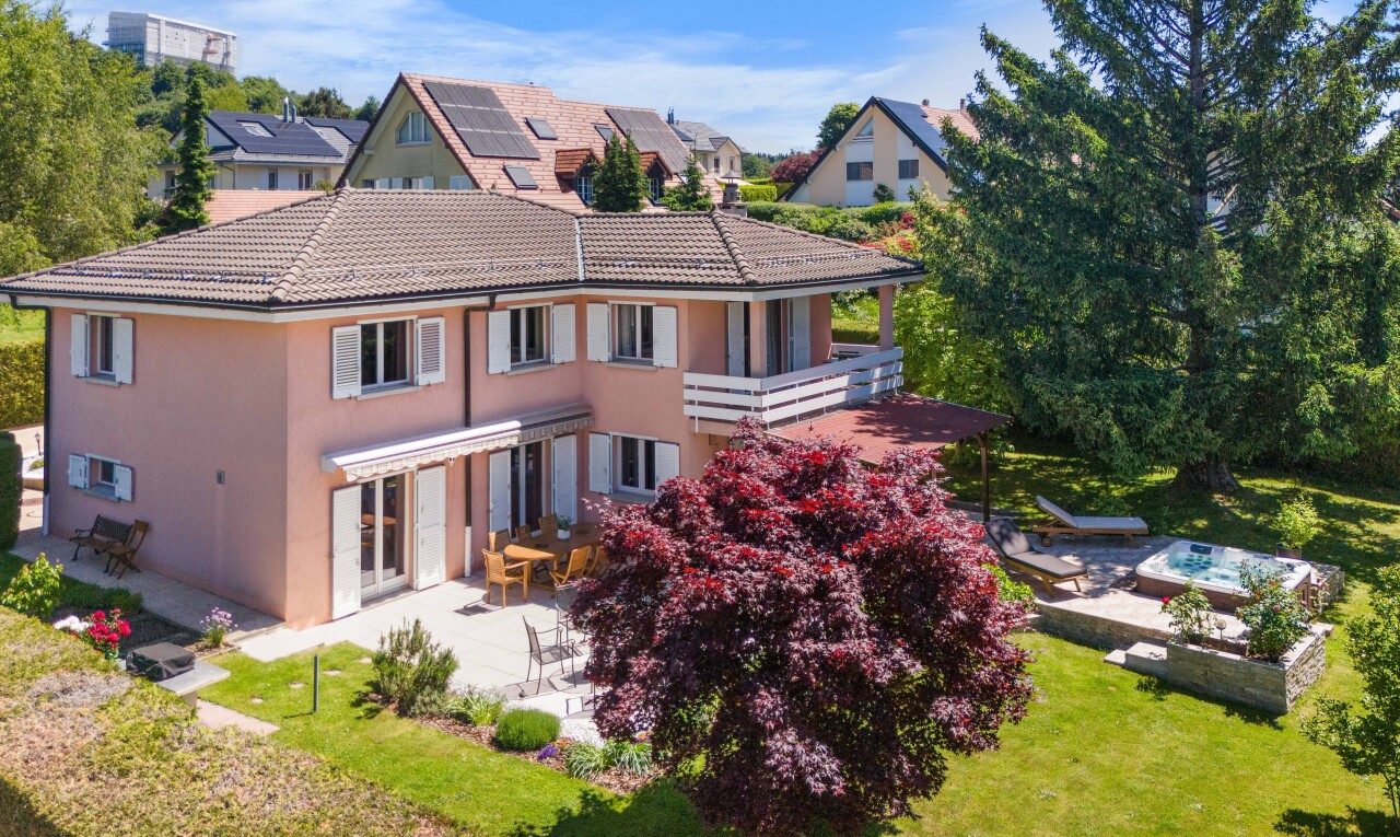 façade avec terrasse, bardage en stuc, drone view, pelouse, et day time