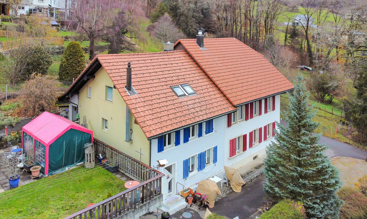 façade avec drone view, cheminée, et pelouse