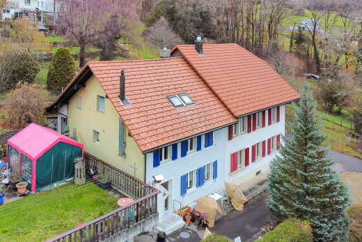 façade avec drone view, cheminée, et pelouse